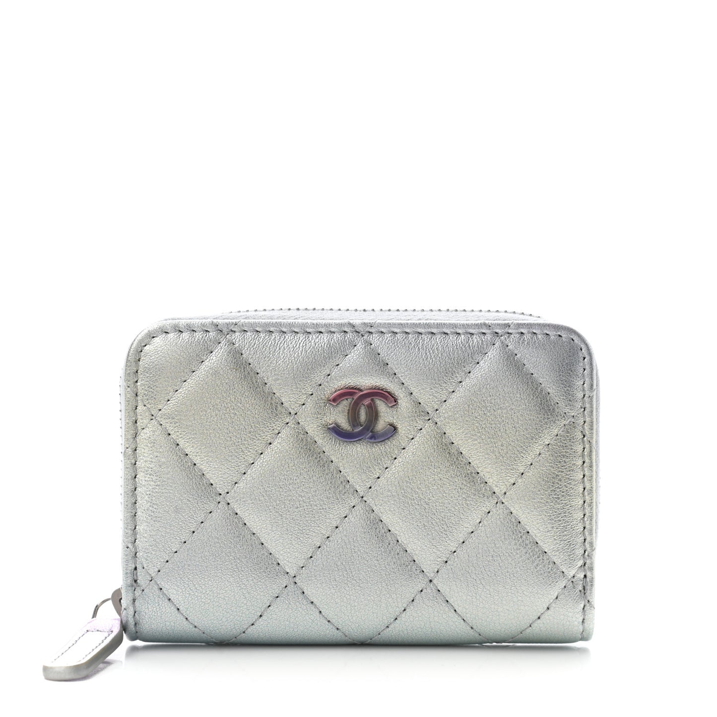 Gradient Metallic Calfskin Quilted Zip Around Coin Purse Wallet Silver Blue Yellow Purple