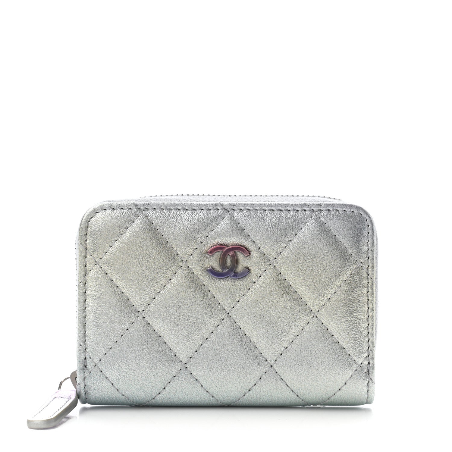 Chanel Gradient Metallic Calfskin Quilted Zip Around Coin Purse Wallet Silver Blue Yellow Purple 1 of 8