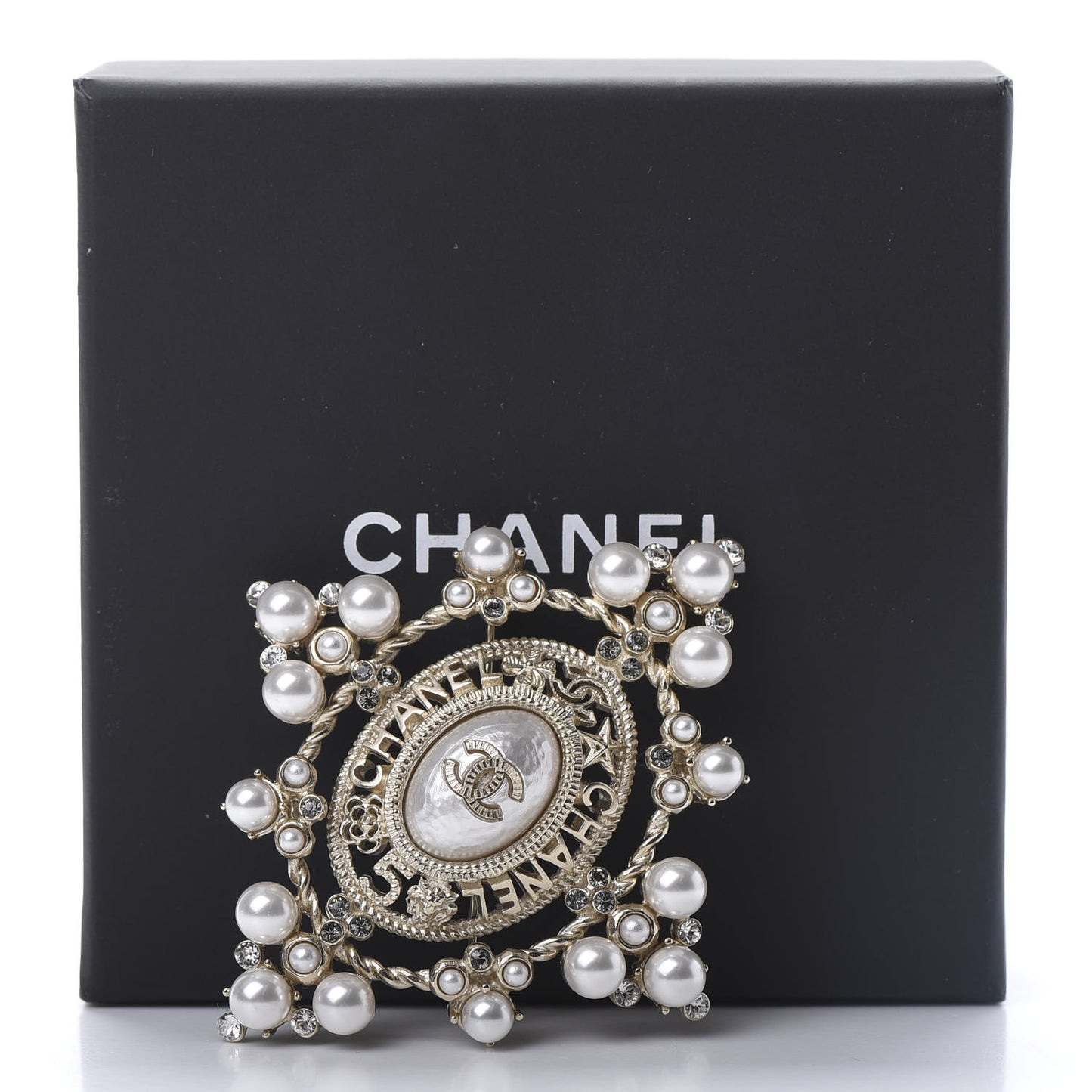 Pearl Crystal CC Brooch Gold