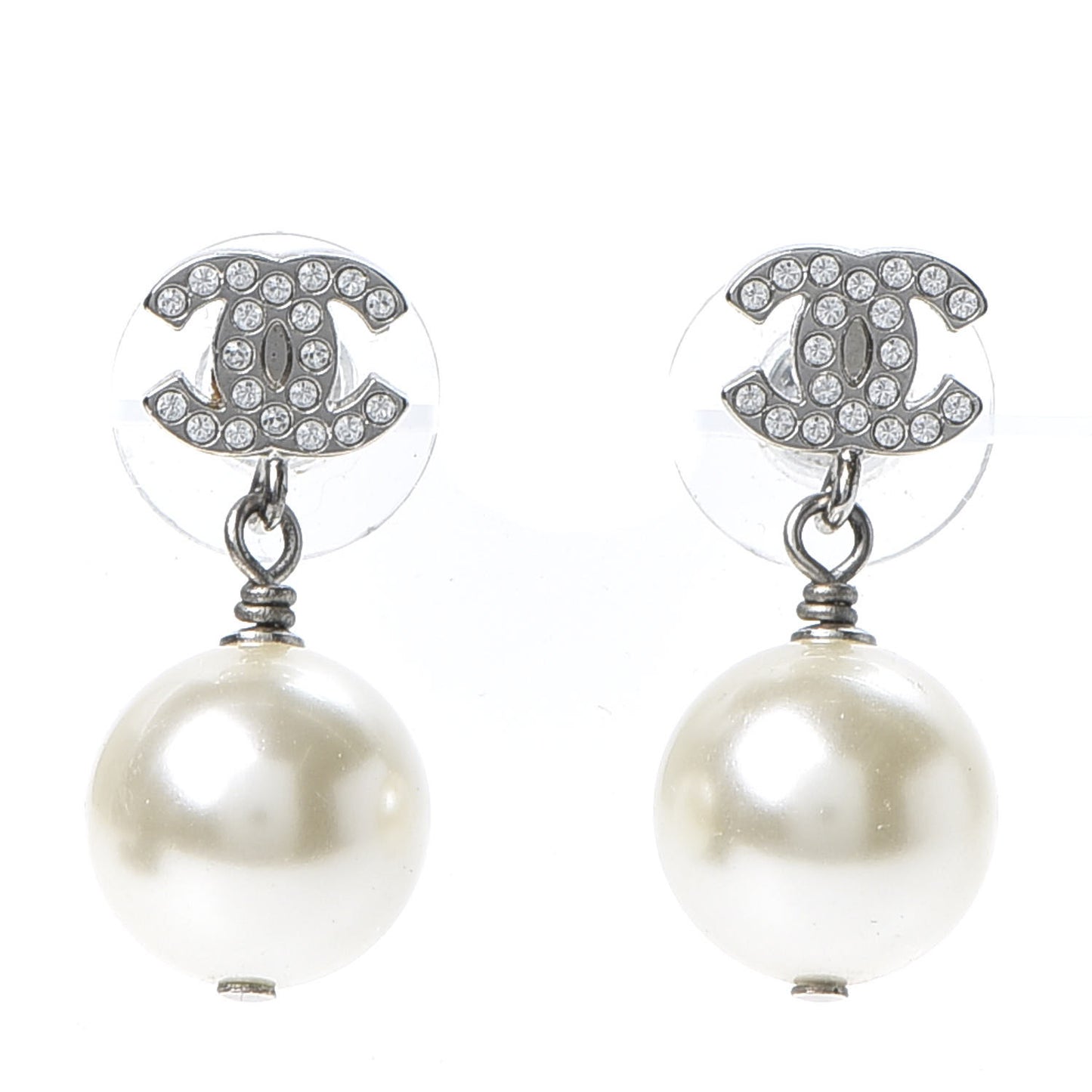 Crystal Pearl CC Drop Earrings Silver Pearly White