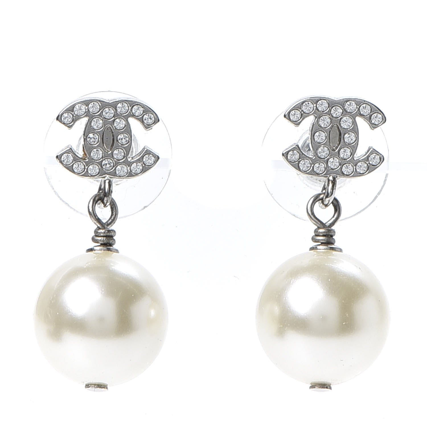 Chanel Crystal Pearl CC Drop Earrings Silver Pearly White 1 of 5