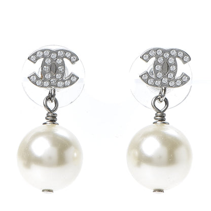 Chanel Crystal Pearl CC Drop Earrings Silver Pearly White 1 of 5