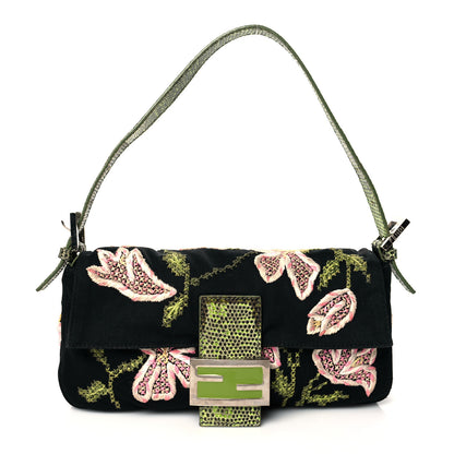 Fendi Canvas Lizard Embroidered Flower Baguette Black Multicolor 1 of 11