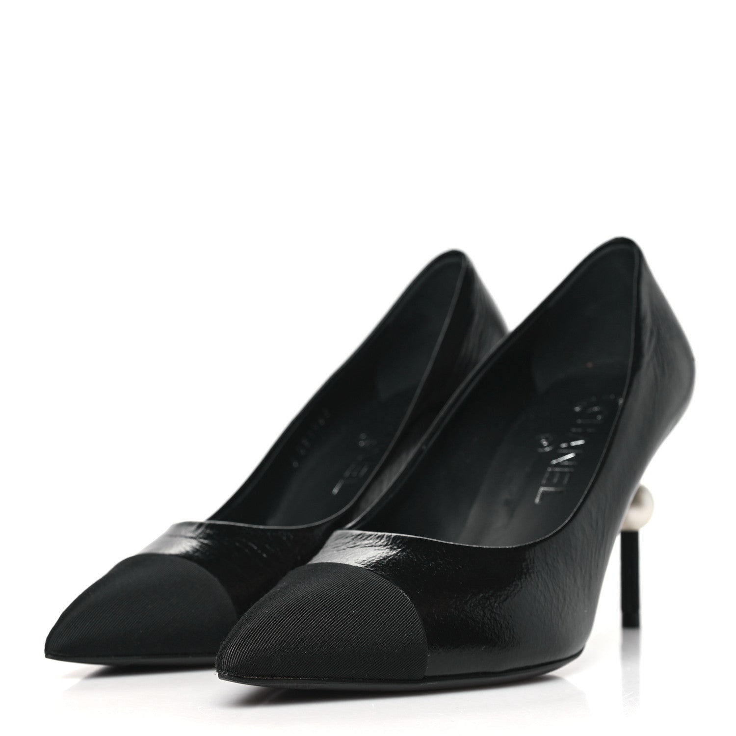 Chanel Shiny Calfskin Grosgrain Cap Toe CC Pearl Pumps 37.5 Black 3 of 10