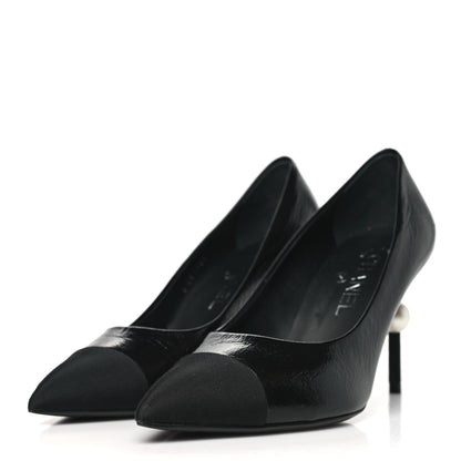 Chanel Shiny Calfskin Grosgrain Cap Toe CC Pearl Pumps 37.5 Black 3 of 10