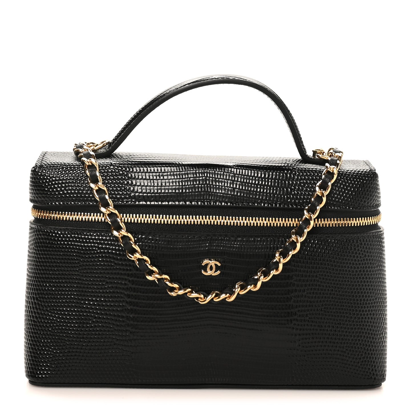 Lizard Embossed Calfskin Top Handle Slim Vanity With Chain Black