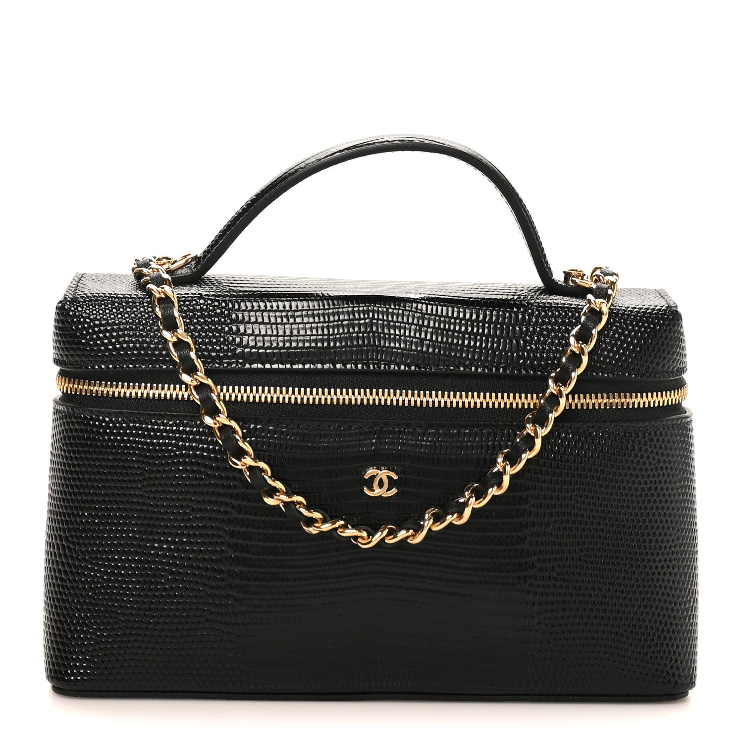 Chanel Lizard Embossed Calfskin Top Handle Slim Vanity With Chain Black 1 of 10