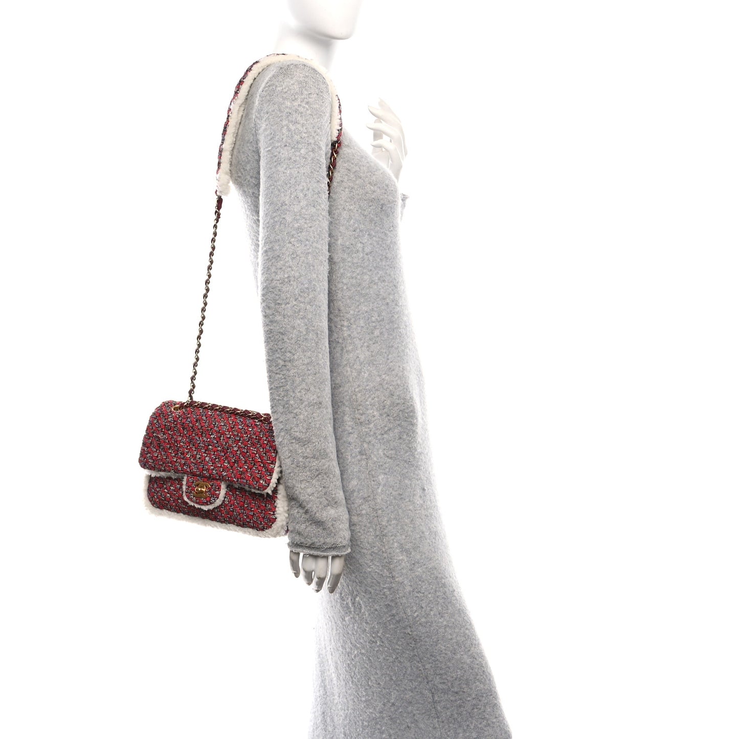 Tweed Shearling Quilted Large CC Flap Bag Red