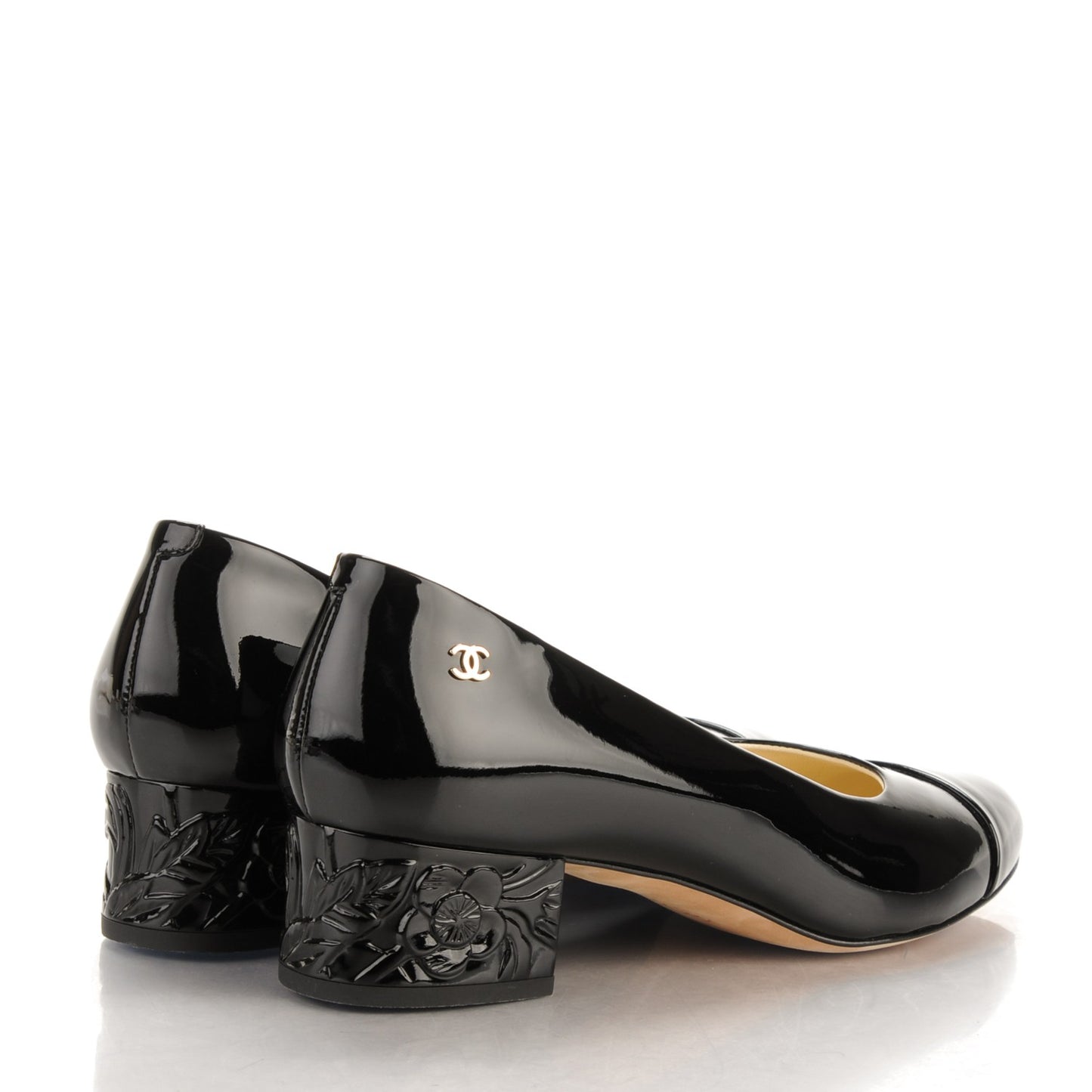 Patent Calfskin Camellia Cap Toe Pumps 37 Black