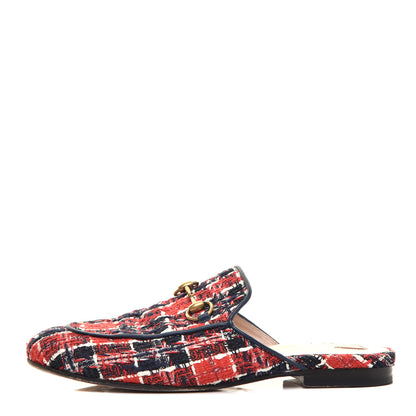Gucci Tweed Check Womens Princetown Slippers 37 Hibiscus Red Royal Blue 1 of 9