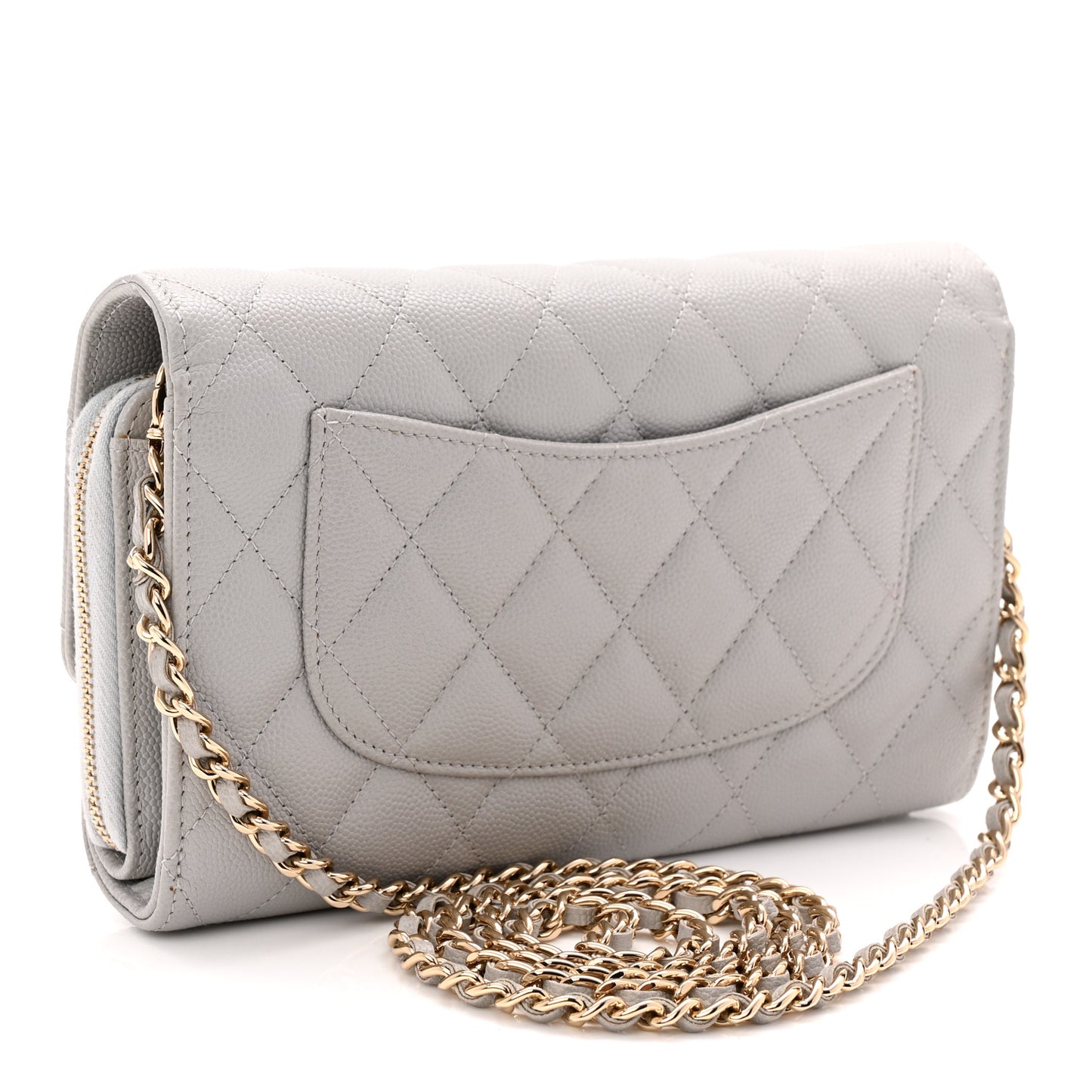 Caviar Quilted Phone Holder Wallet on Removable Chain Grey