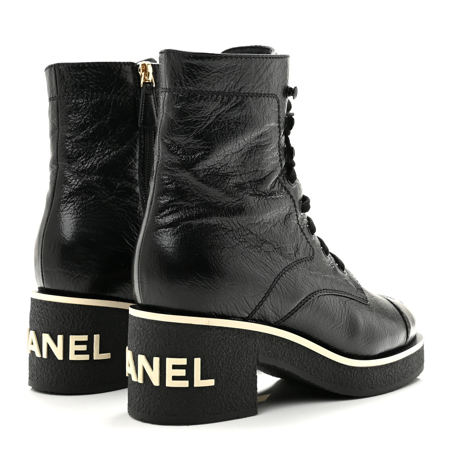 Shiny Crumpled Lambskin Lace Up Combat Boots 36 Black