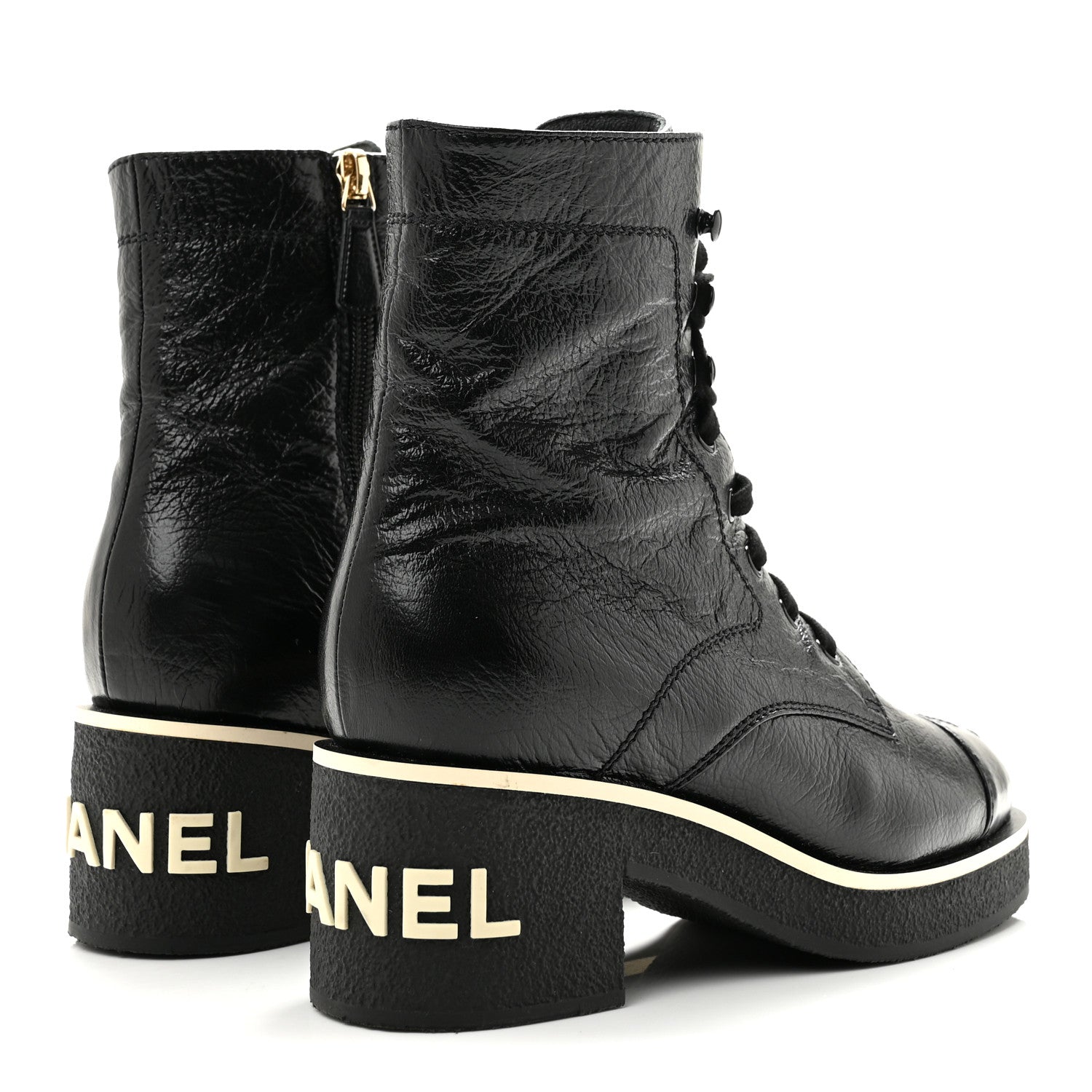 Chanel Shiny Crumpled Lambskin Lace Up Combat Boots 36 Black 5 of 11