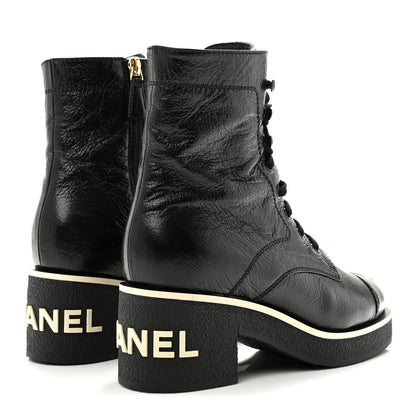 Chanel Shiny Crumpled Lambskin Lace Up Combat Boots 36 Black 5 of 11
