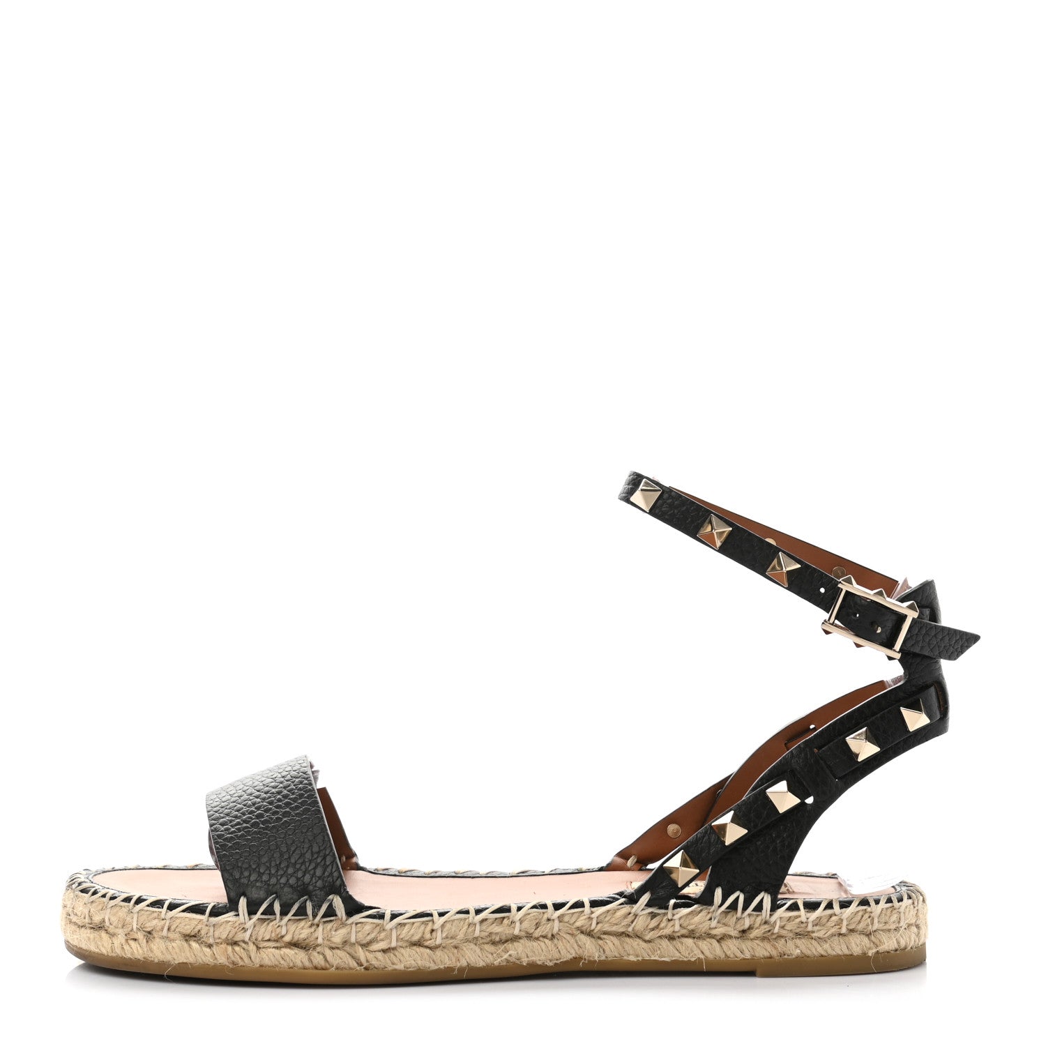 Valentino Garavani Grained Calfskin Rockstud Ankle Strap Espadrille Flat Sandals 38 Black 1 of 8