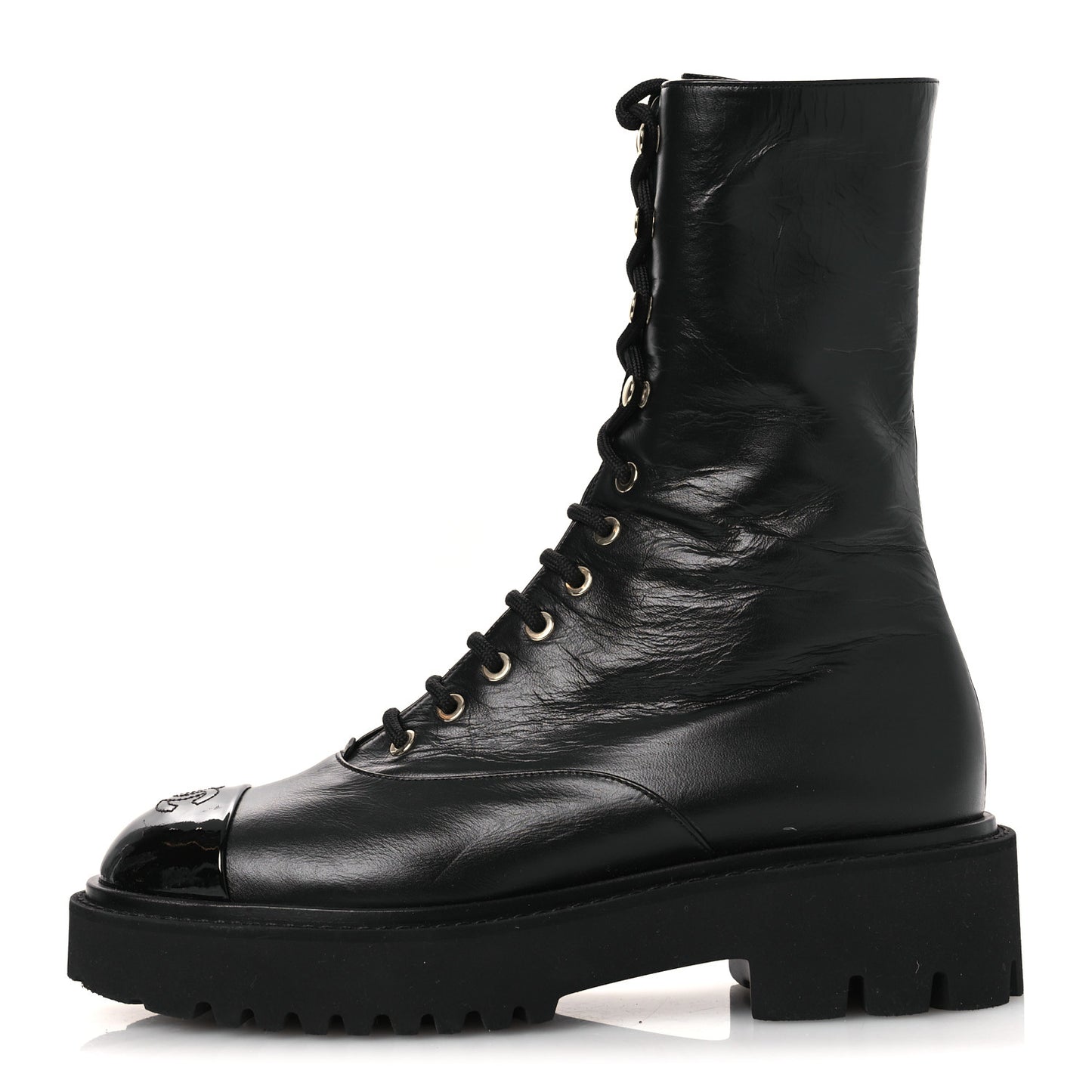 Crumpled Calfskin Patent Cap Toe Lace Up Combat Boots 39.5 Black