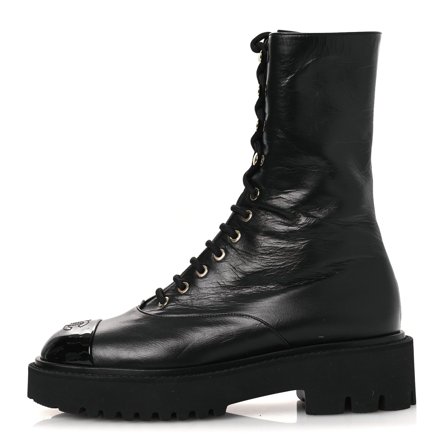 Chanel Crumpled Calfskin Patent Cap Toe Lace Up Combat Boots 39.5 Black 1 of 11