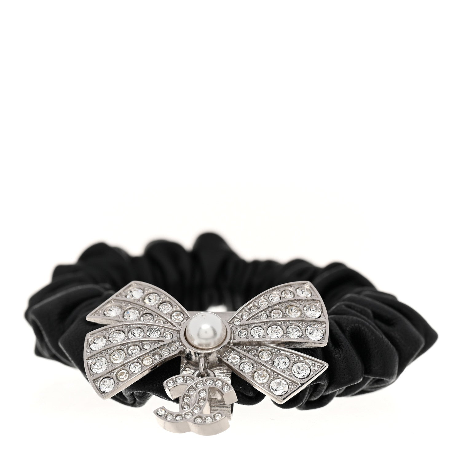 Chanel Lambskin Crystal Pearl CC Hair Scrunchie Black Silver 1 of 5
