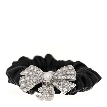 Chanel Lambskin Crystal Pearl CC Hair Scrunchie Black Silver 1 of 5
