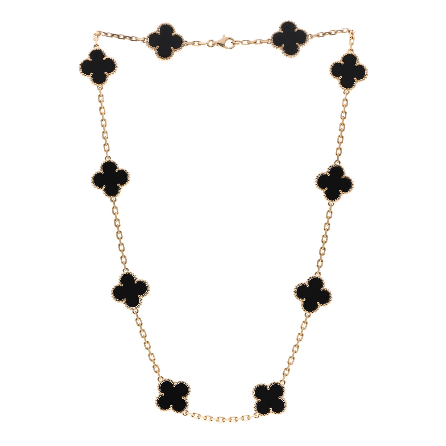 18K Yellow Gold Black Onyx 10 Motifs Vintage Alhambra Necklace