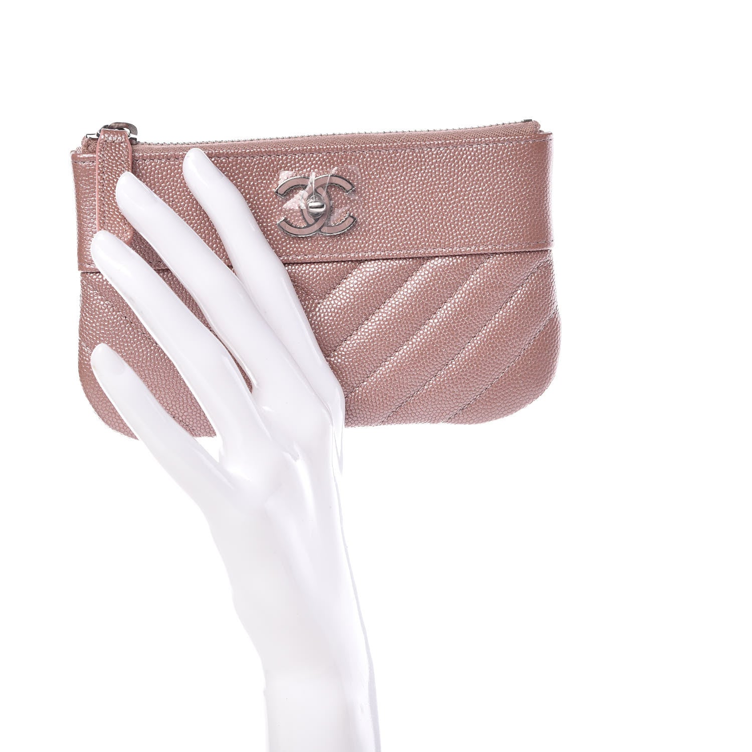 Chanel Metallic Caviar Chevron Quilted Small Vintage Mademoiselle Cosmetic Case Pink 2 of 8