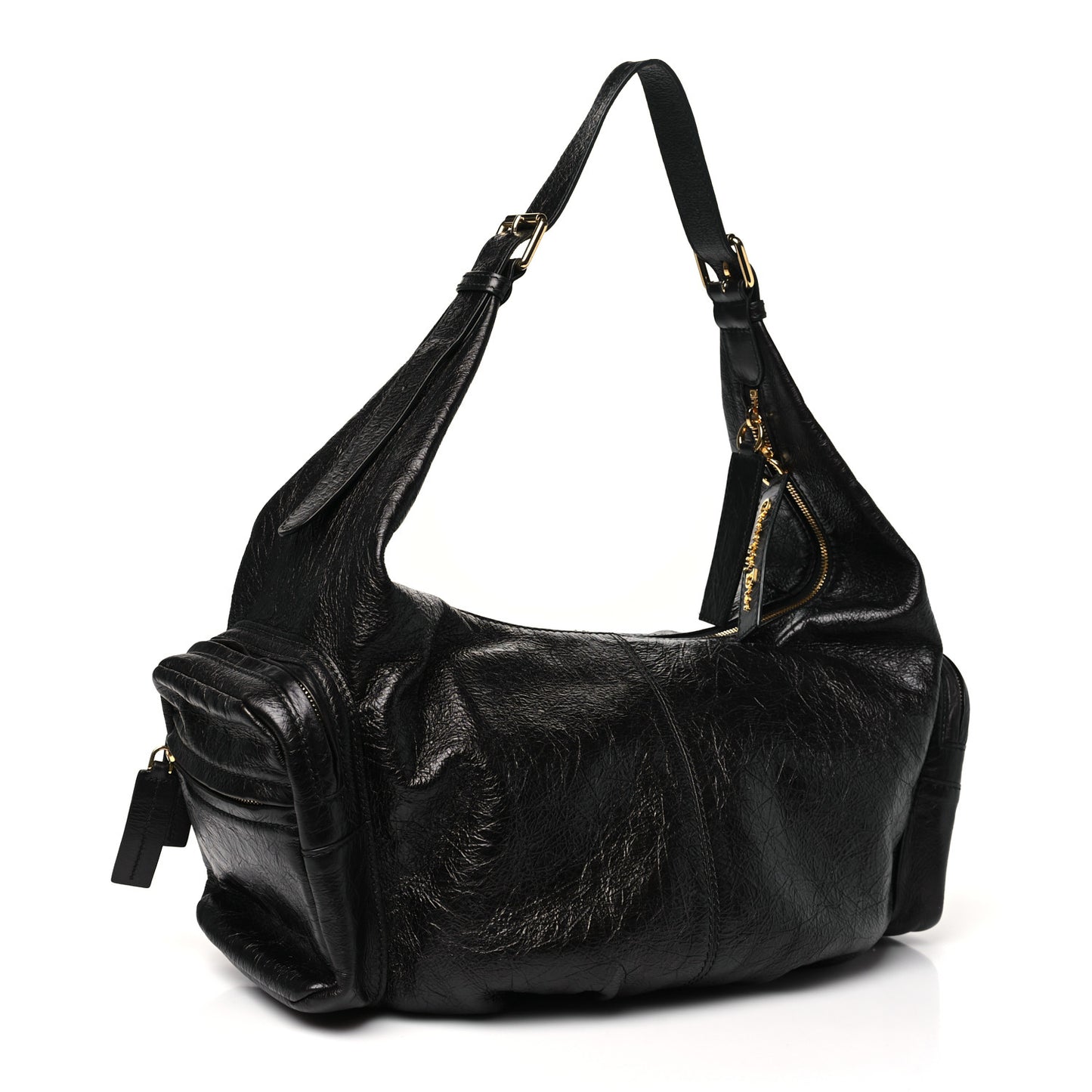 Crinkled Calfskin Large Grand Tour Multipocket Bag Black