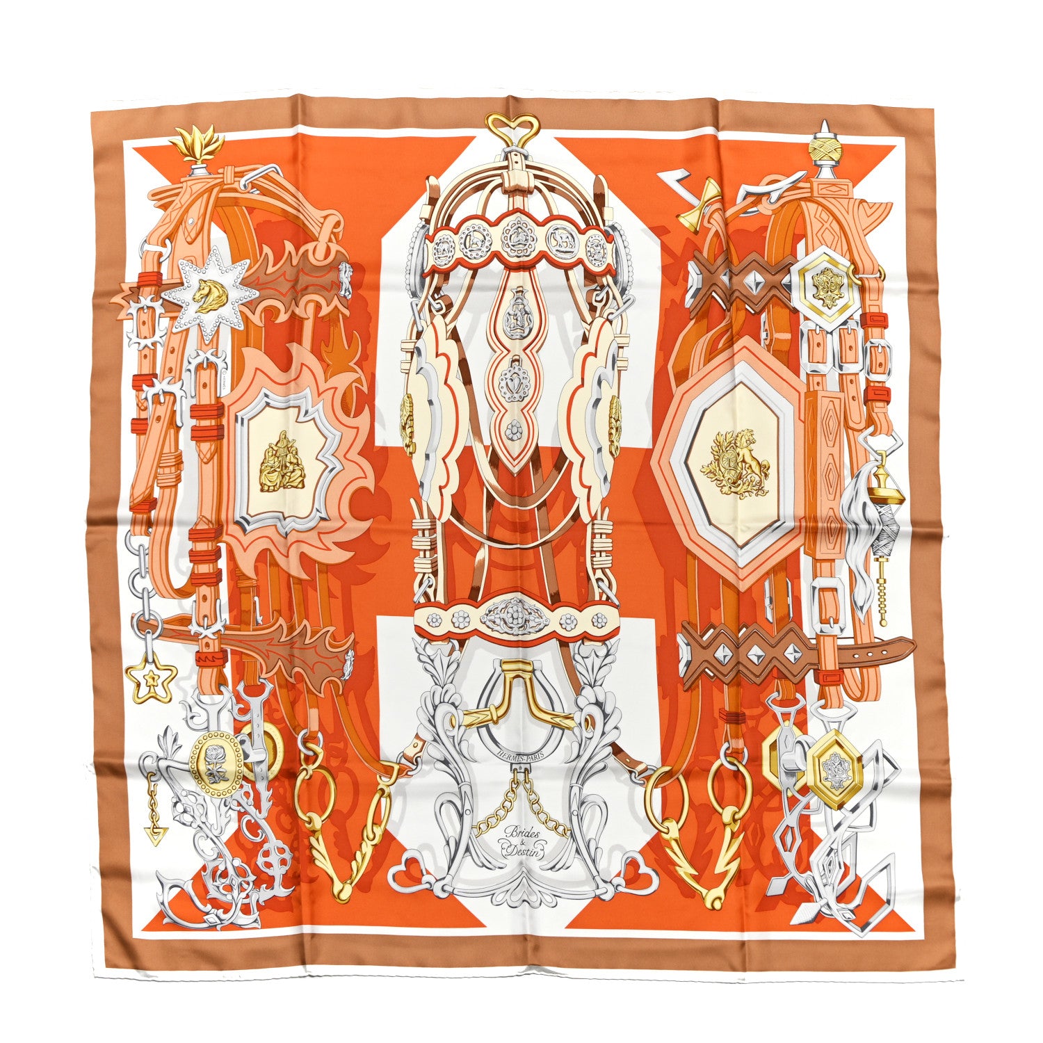 Hermes Silk Brides Et Destin Scarf 90 Orange Cuit Beige 1 of 3