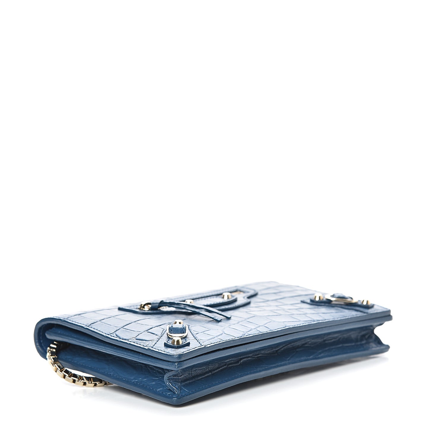 Calfskin Crocodile Embossed Classic Gold Hardware Wallet on Chain Bleu Marine