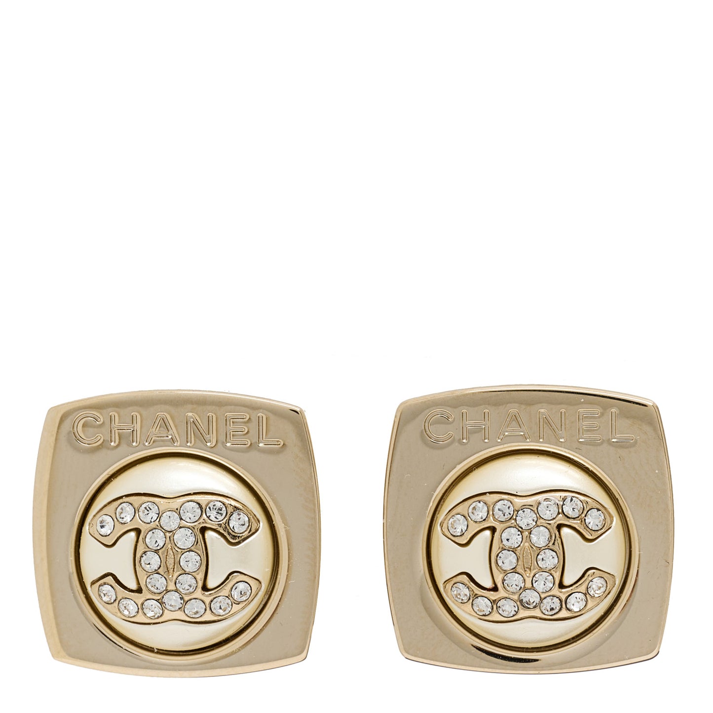 Metal Pearl Crystal CC Logo Square Earrings Gold Pearly White