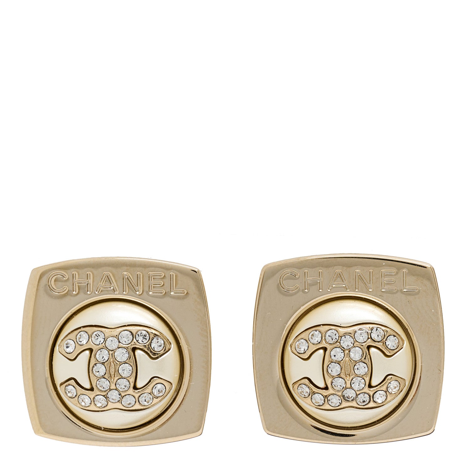 Chanel Metal Pearl Crystal CC Logo Square Earrings Gold Pearly White 1 of 5