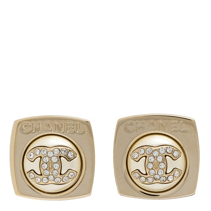 Chanel Metal Pearl Crystal CC Logo Square Earrings Gold Pearly White 1 of 5