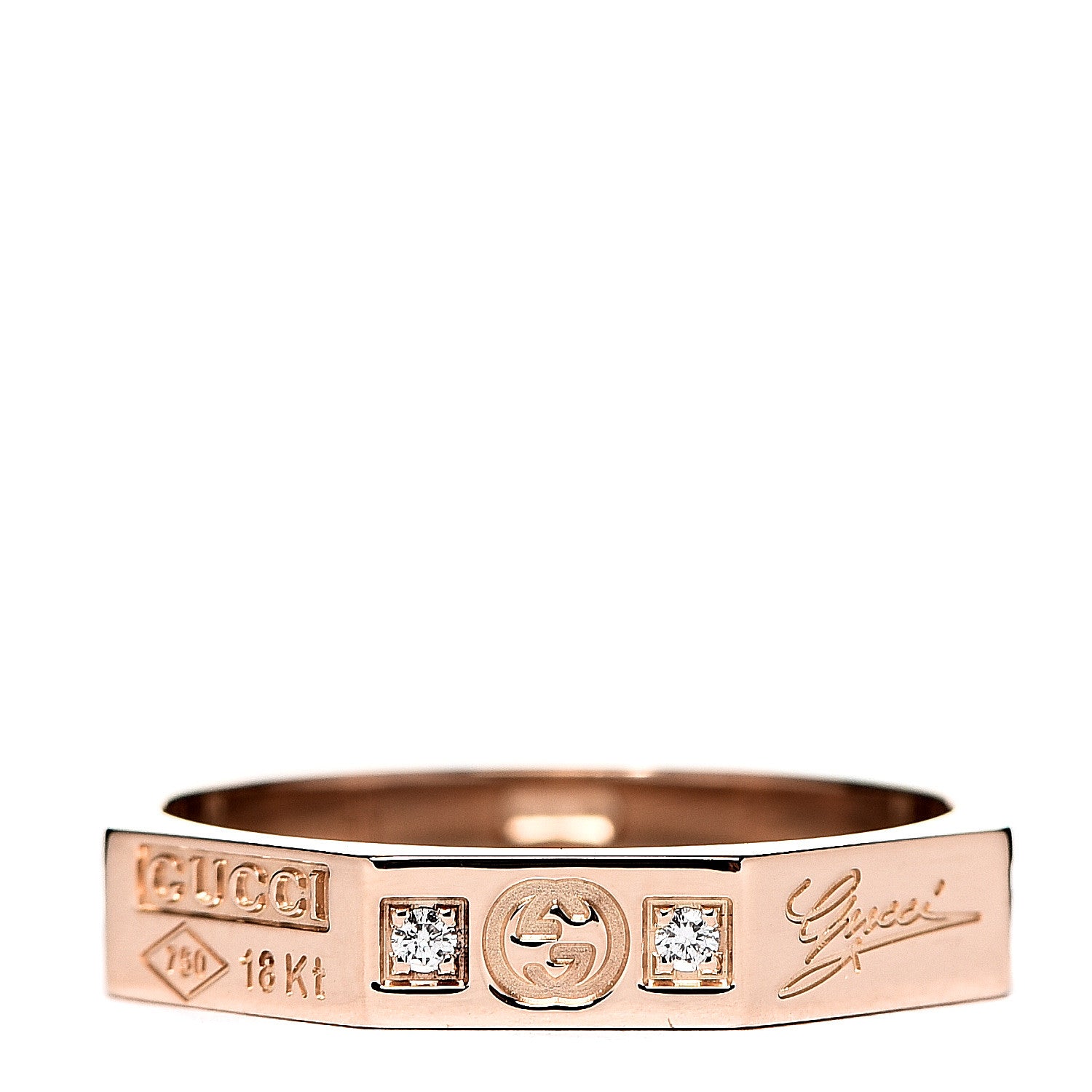 Gucci 18K Rose Gold Diamond Octagon Logo Band Ring 50 5.25 1 of 5