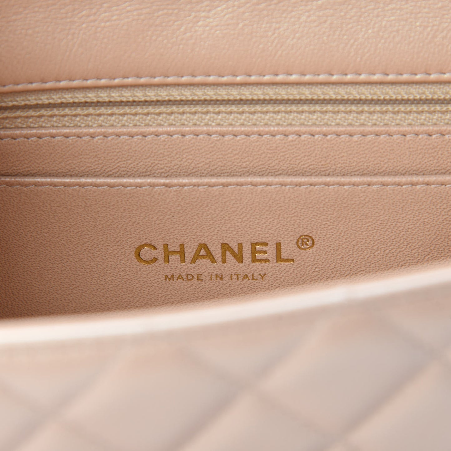 Iridescent Calfskin Quilted Mini Rectangular Flap Beige