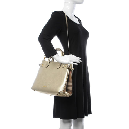 Burberry Metallic Grainy Calfskin House Check Medium Banner Tote Gold 3 of 9