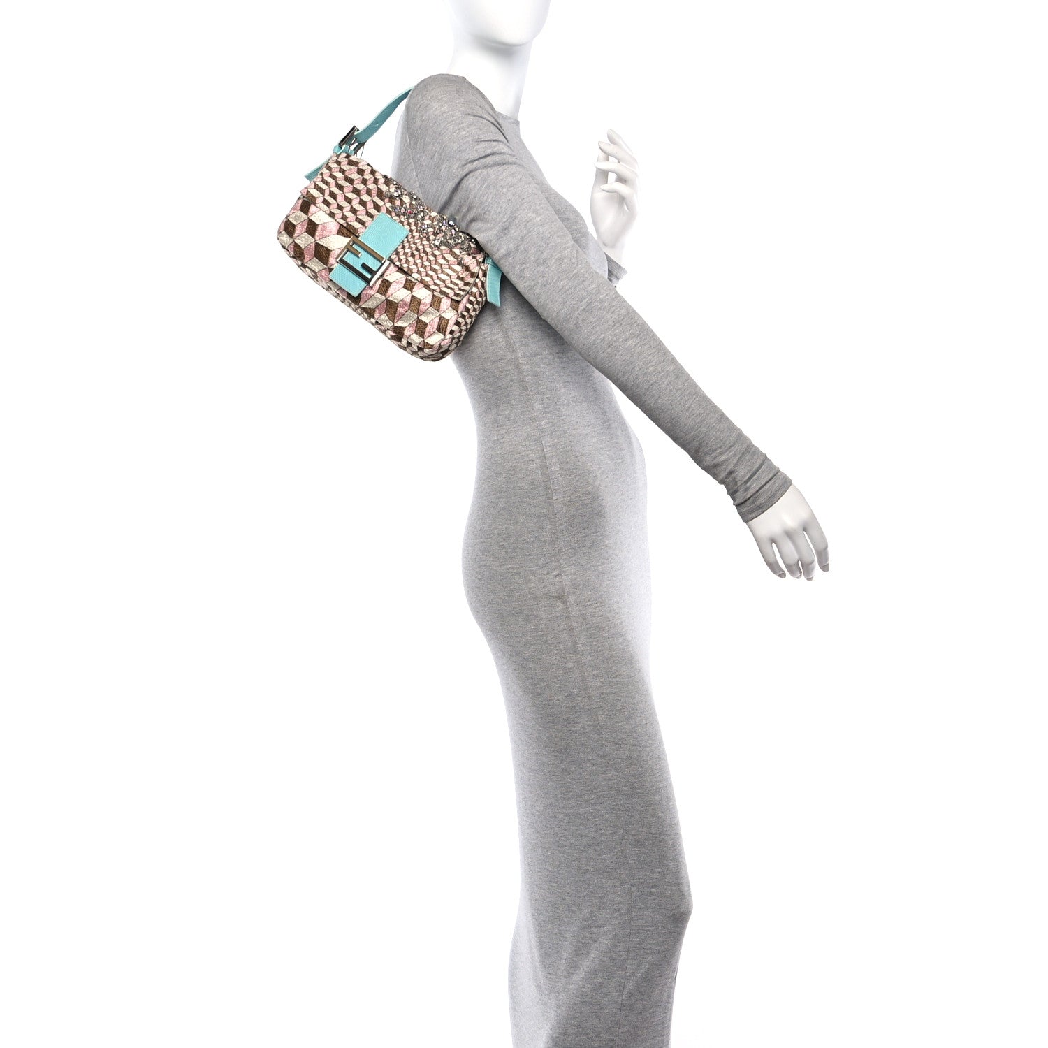 Fendi Fabric Lizard Crystal Embroidered Baguette Celeste 2 of 12