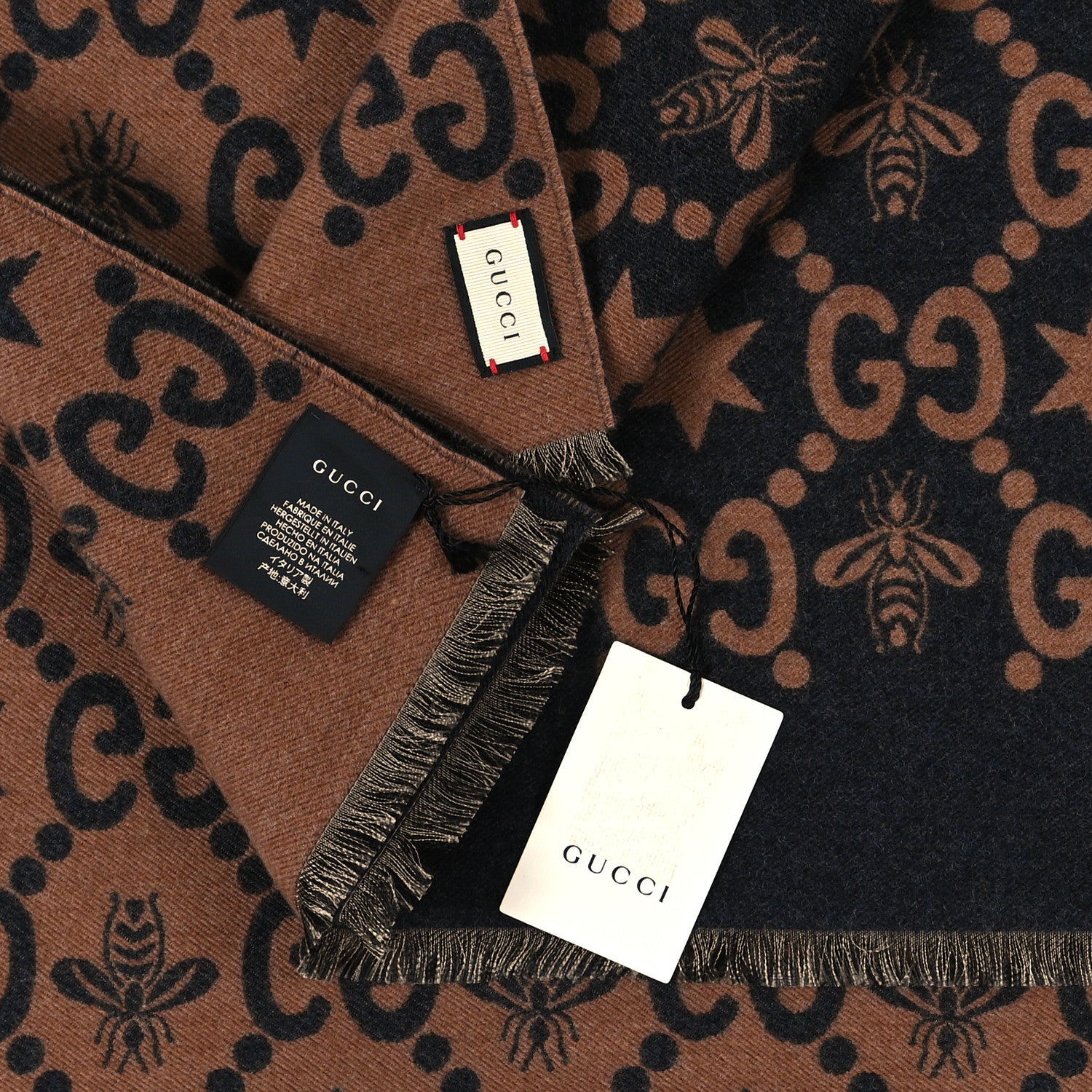 Gucci Wool Silk GG Monogram Fly Constellation Scarf Brown Black 3 of 3