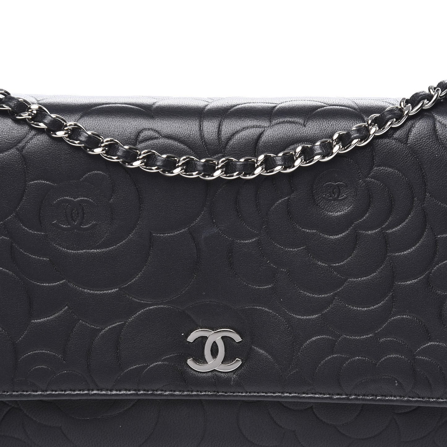 Lambskin Camellia Embossed Wallet on Chain WOC Black