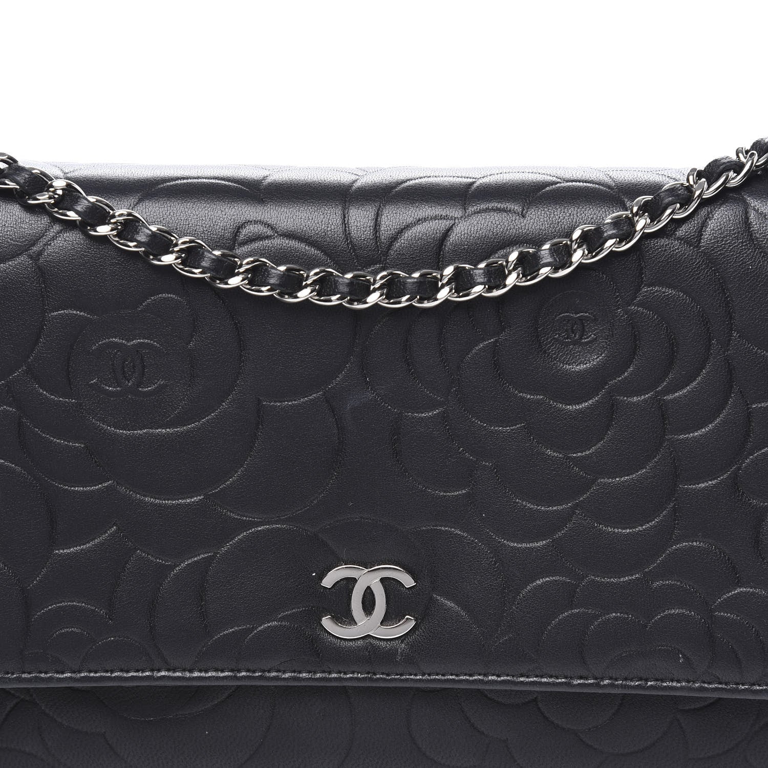 Chanel Lambskin Camellia Embossed Wallet on Chain WOC Black 12 of 13