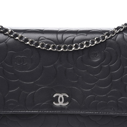 Chanel Lambskin Camellia Embossed Wallet on Chain WOC Black 12 of 13