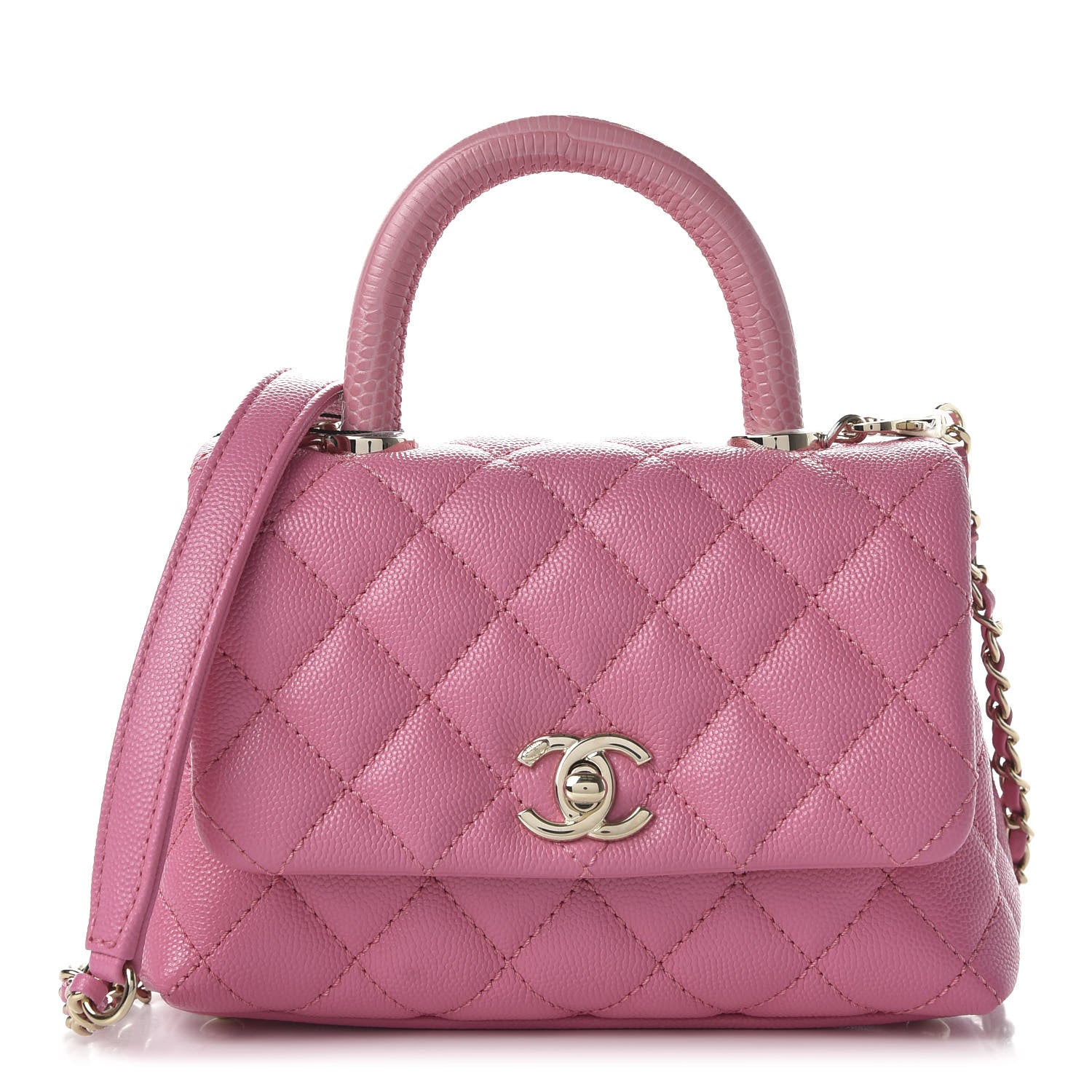 Chanel Caviar Quilted Lizard Embossed Extra Mini Coco Handle Flap Pink 1 of 10