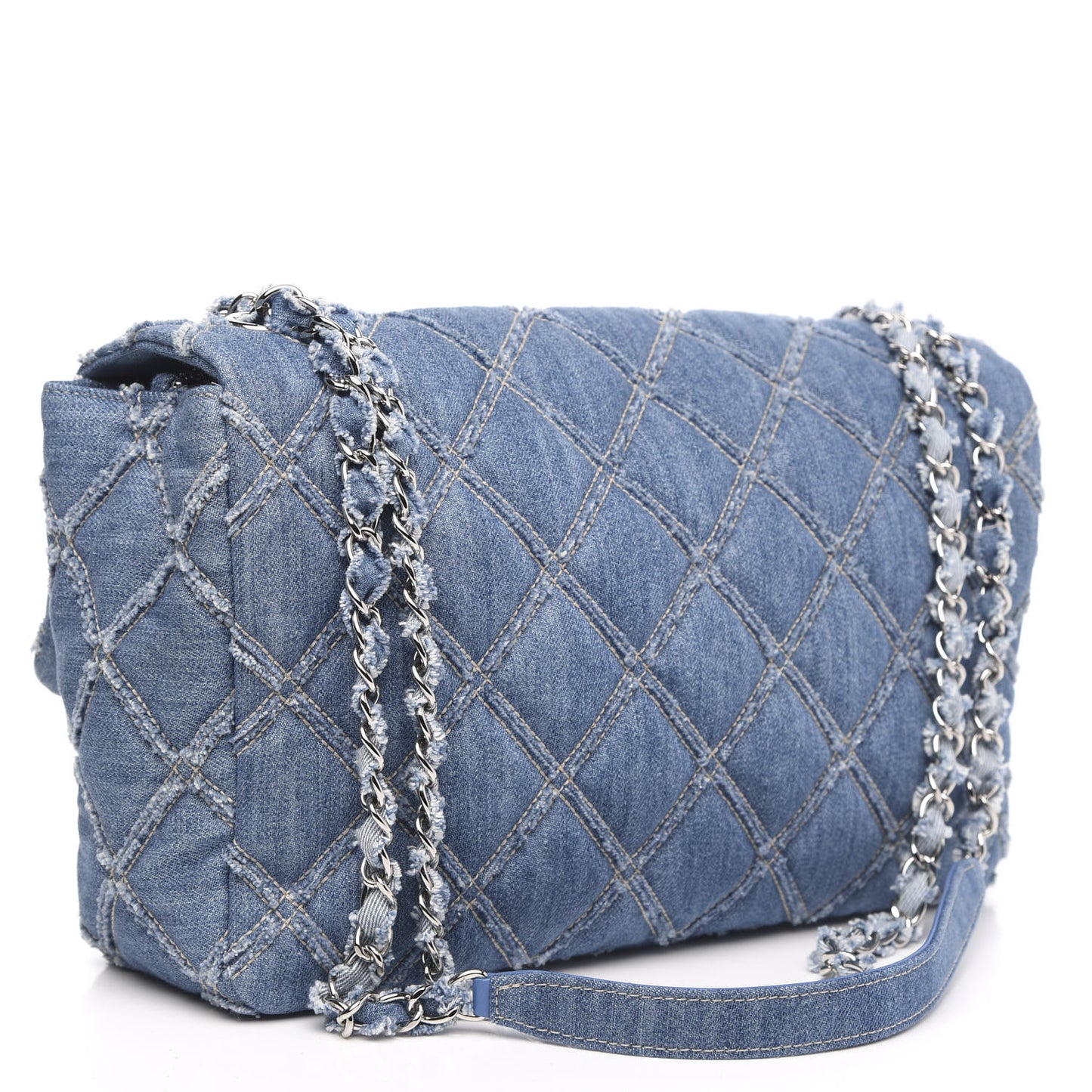 Frayed Denim Quilted Large Blue Chip Flap Blue