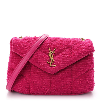 Saint Laurent Boucle Tweed Quilted Toy Loulou Puffer Monogram Chain Satchel Magenta 1 of 9