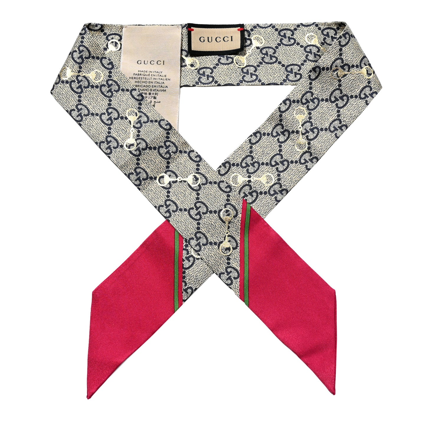 Silk Twill GG Monogram Gold Horsebity Neck Bow Scarf Flame