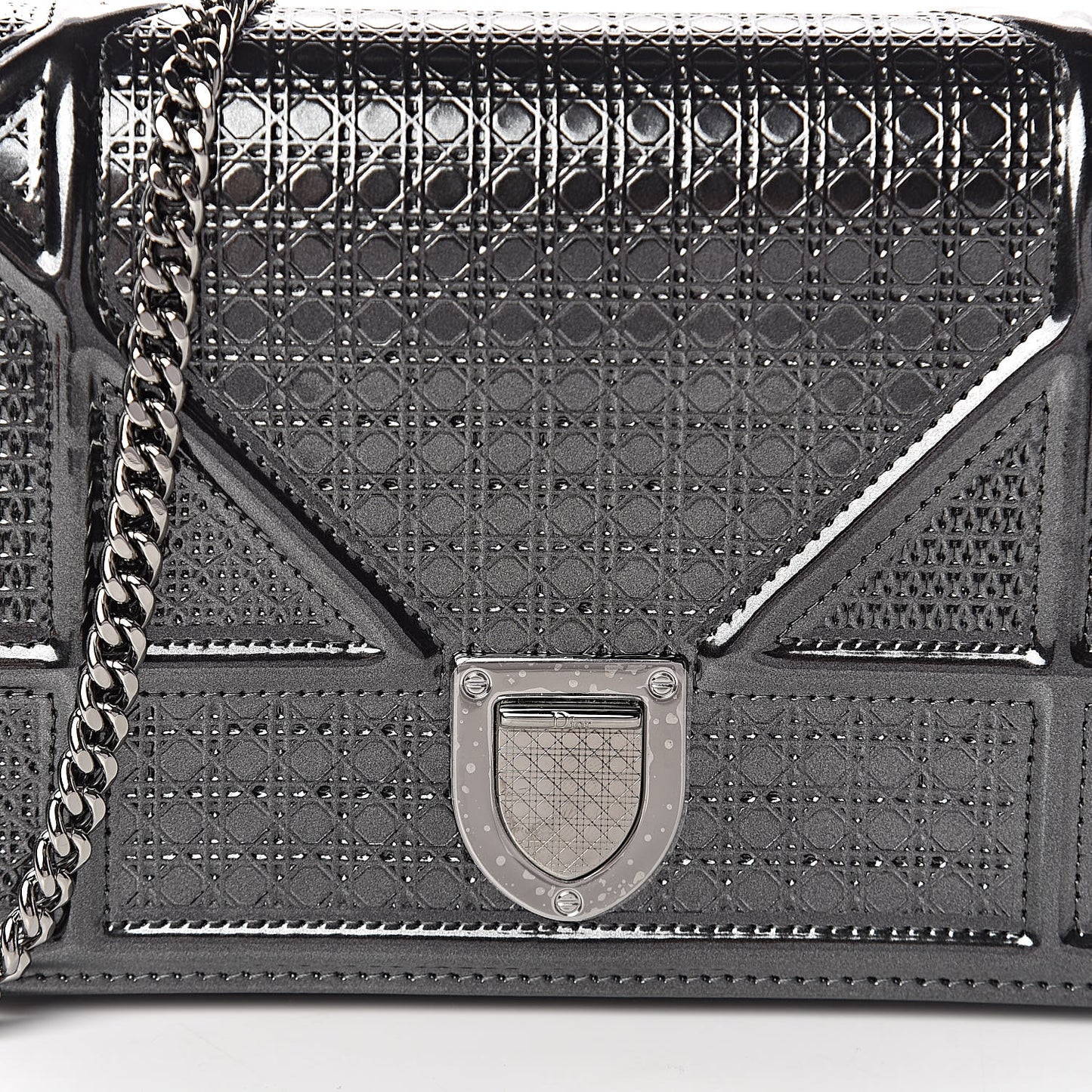 Metallic Patent Micro-Cannage Diorama Wallet on Chain Pouch Black