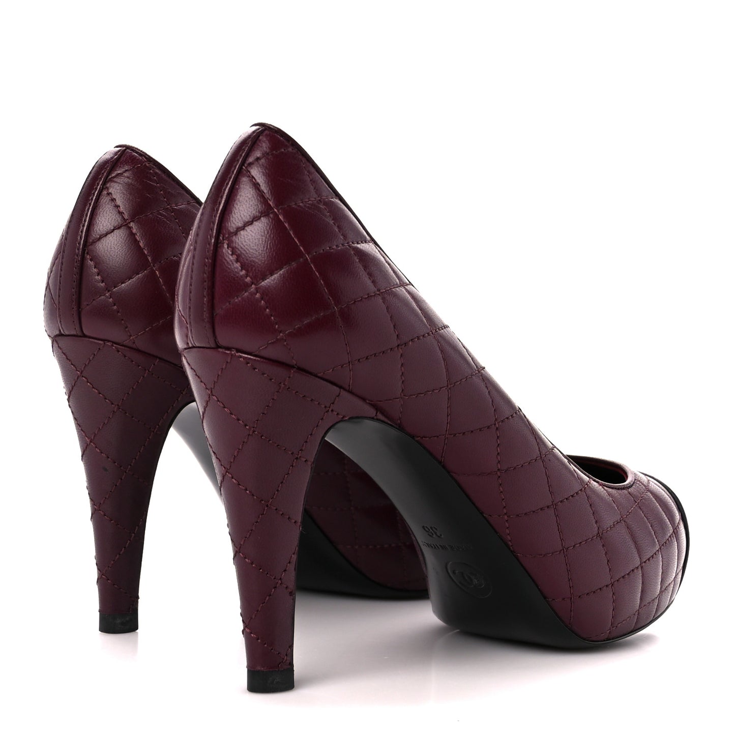 Lambskin Quilted CC Cap Toe Pumps 36 Burgundy Black
