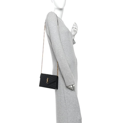 Saint Laurent Grain De Poudre Matelasse Chevron Monogram Envelope Chain Wallet Black 2 of 11