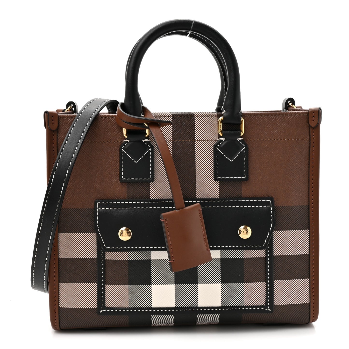 E-Canvas Check Calfskin Mini Freya Tote Dark Birch Brown