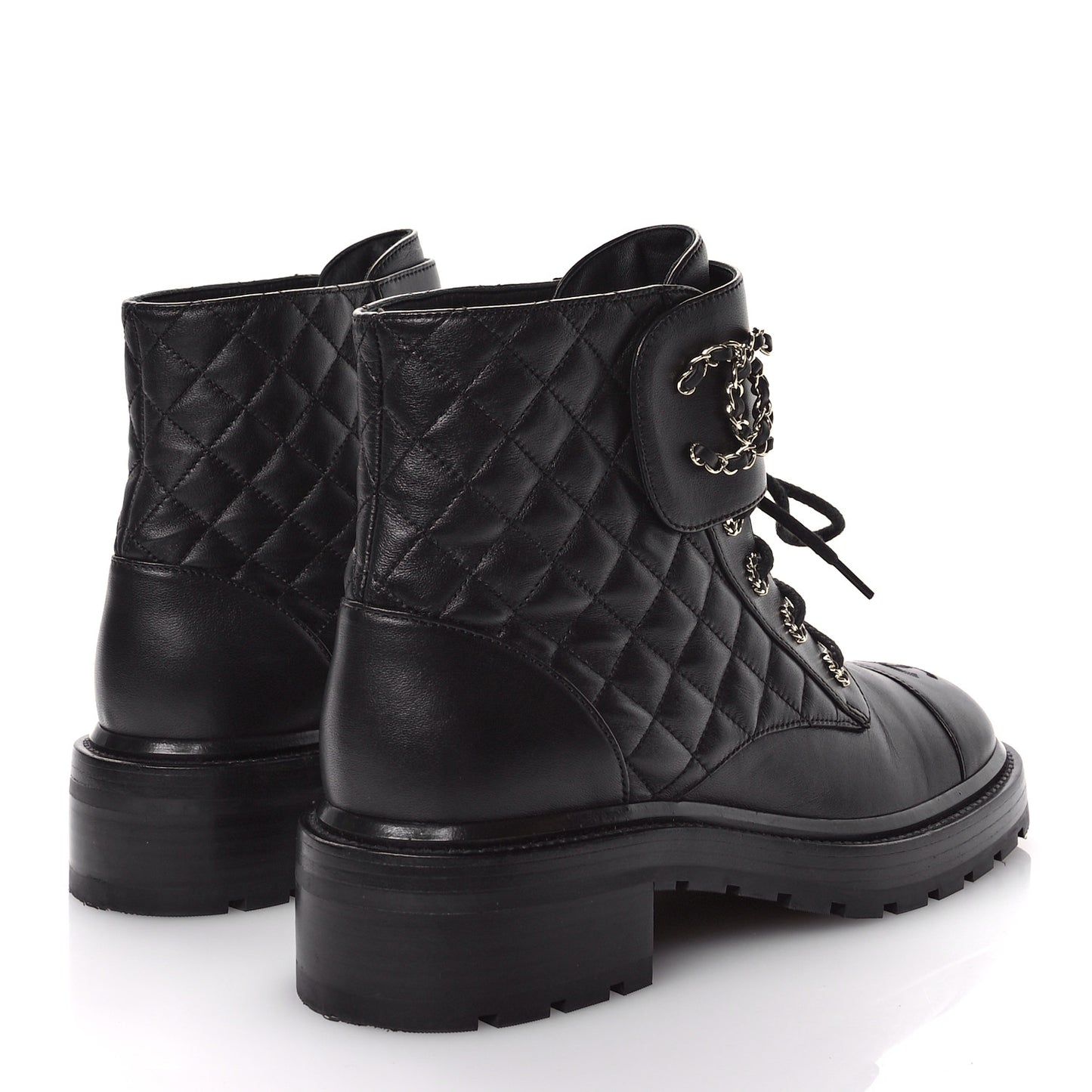 Shiny Lambskin Quilted Lace Up Combat Boots 41.5 Black