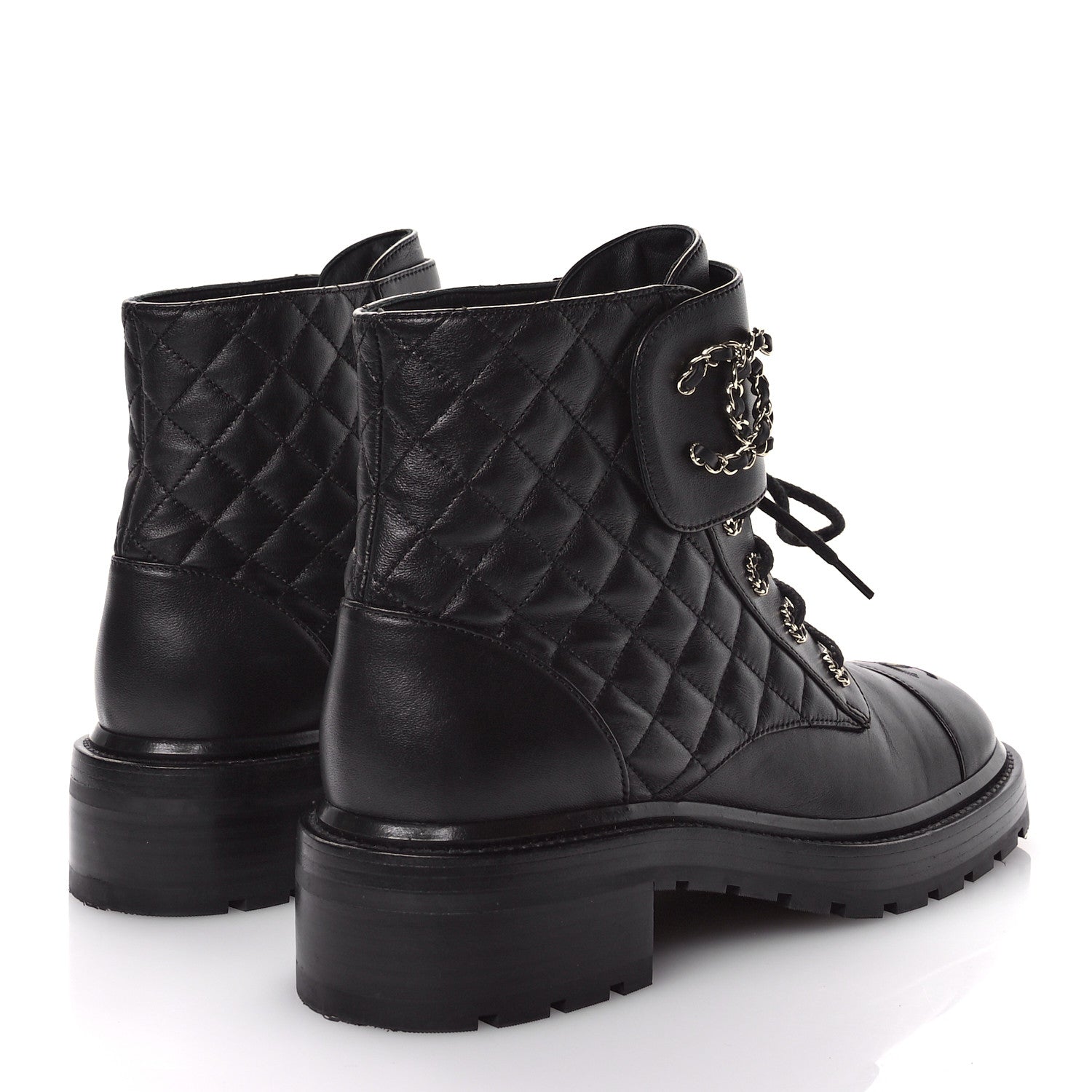 Chanel Shiny Lambskin Quilted Lace Up Combat Boots 41.5 Black 5 of 9