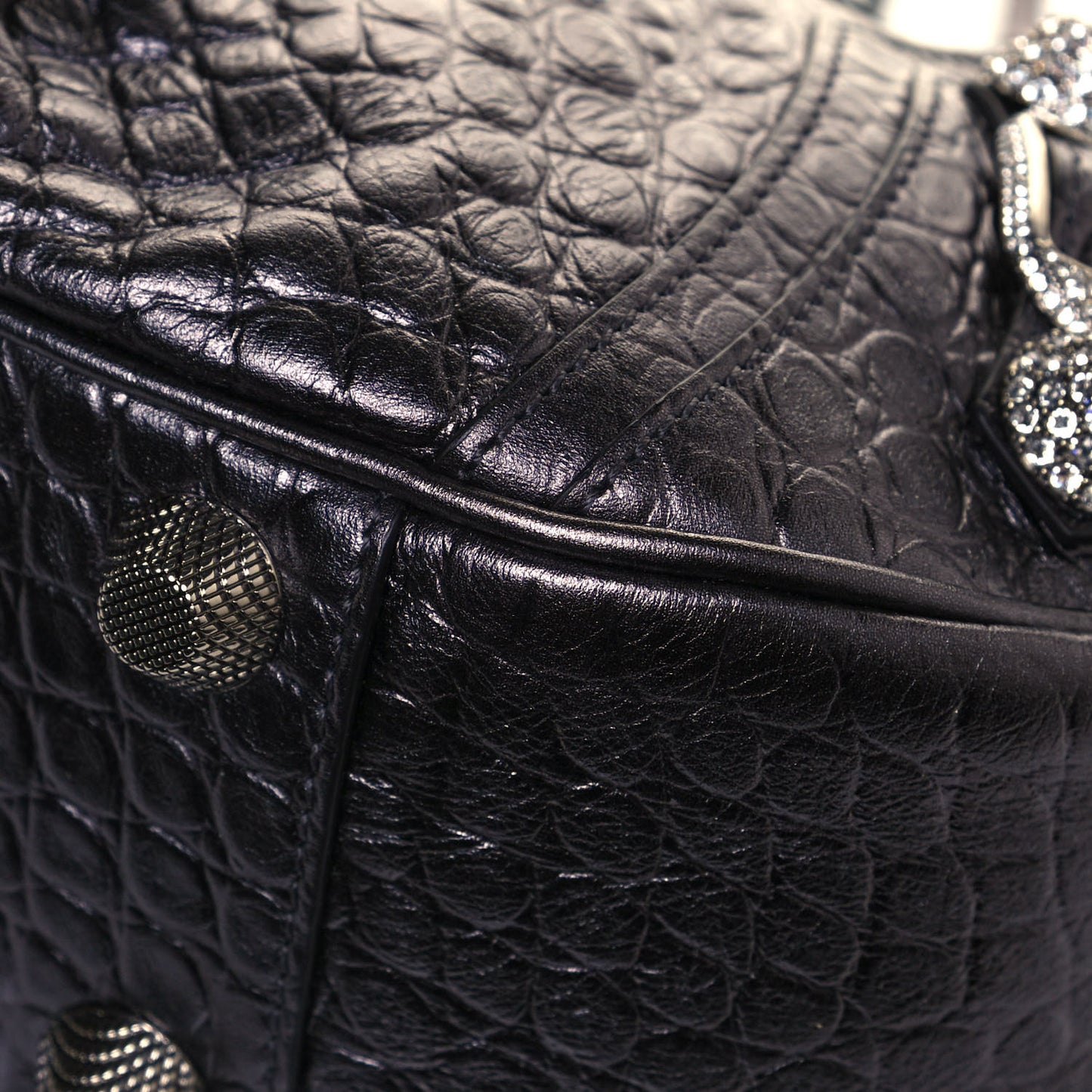 Metallic Calfskin Crocodile Embossed Crystal Small Le Cagole Shoulder Bag Gunmetal